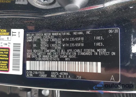 2020 Toyota Highlander Le from USA, damaged, VIN 5TDBZRBH9LS514016